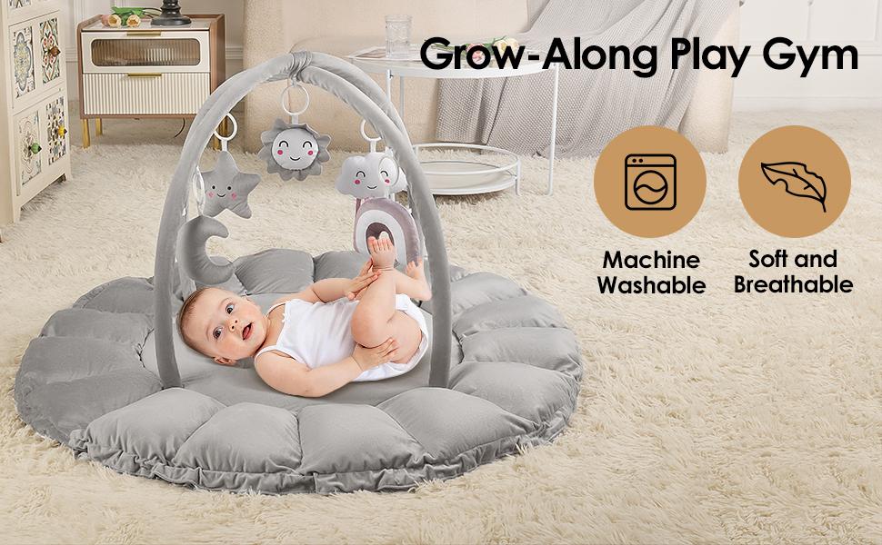 5-in-1 Convertible Baby Gym Play Mat with Hanging Toys, Soft Padded Baby Lounger & Ball Pit, Plush Tummy Time Mat for Newborns to Toddlers, Machine Washable, Gray/pink