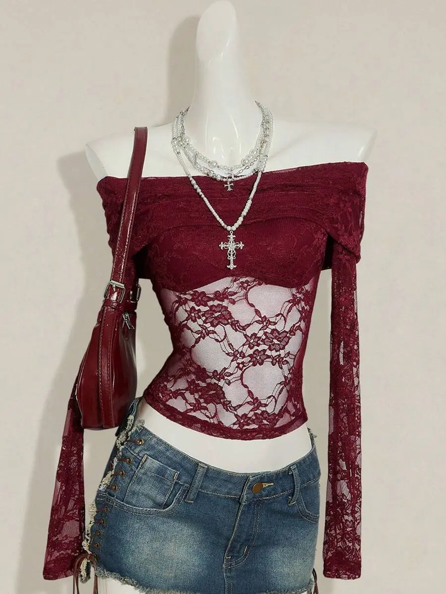 Women's Burgundy Lace Off-Shoulder Sexy Fitted Long Sleeve Semi-Sheer Top