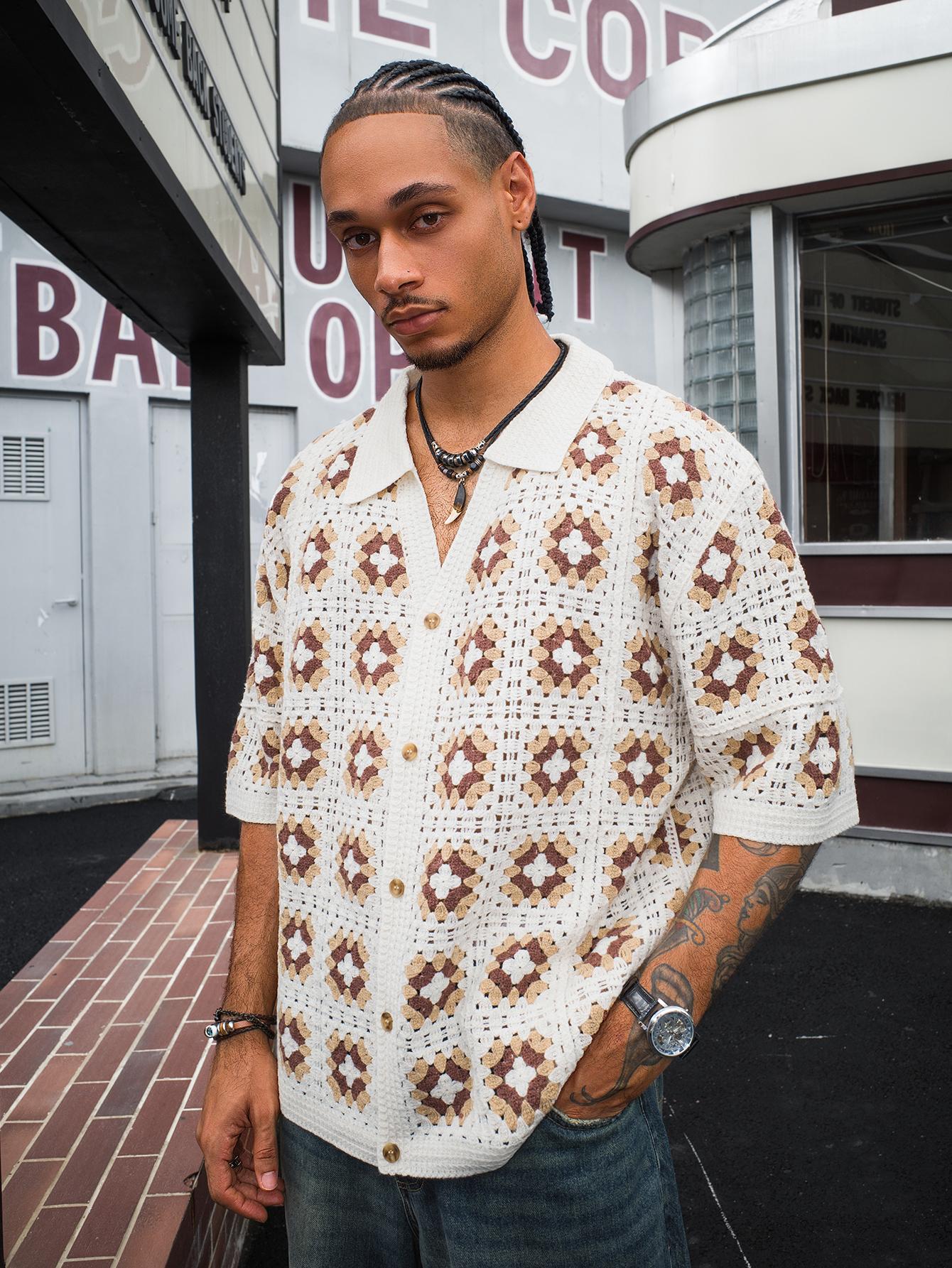 Men's Summer Cool Knitted Short-Sleeve Spring Shirt, Off-White Bohemian Style Vacation Casual Loose Lapel Button-Down Open Placket Print