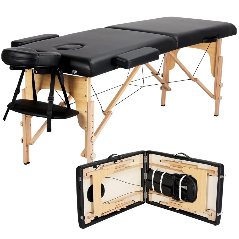 Costoffs Professional 2-Section Foldable Wood & Foam Massage Bed, Portable Salon Furniture Spa Table with Adjustable Headrest, Armrest, 551.2 lb Capacity for Therapists, Home Spa Use