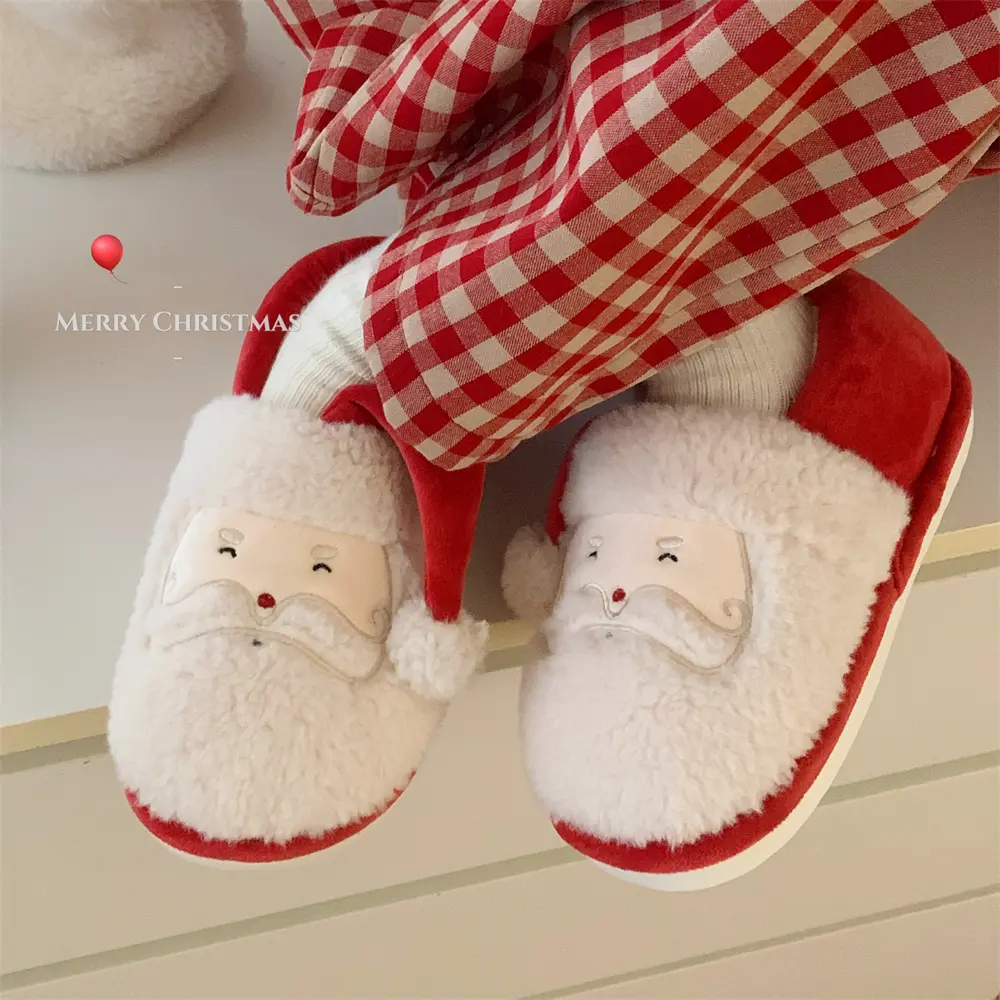 XIXITIAO Fluffy Christmas Santa Claus Slippers - Women's Ladies Fluffy Slippers, Cartoon Winter Warm Indoor Shoes, Soft Cotton Indoor-Outdoor Slide Footwear for Women, Ladies Slippers