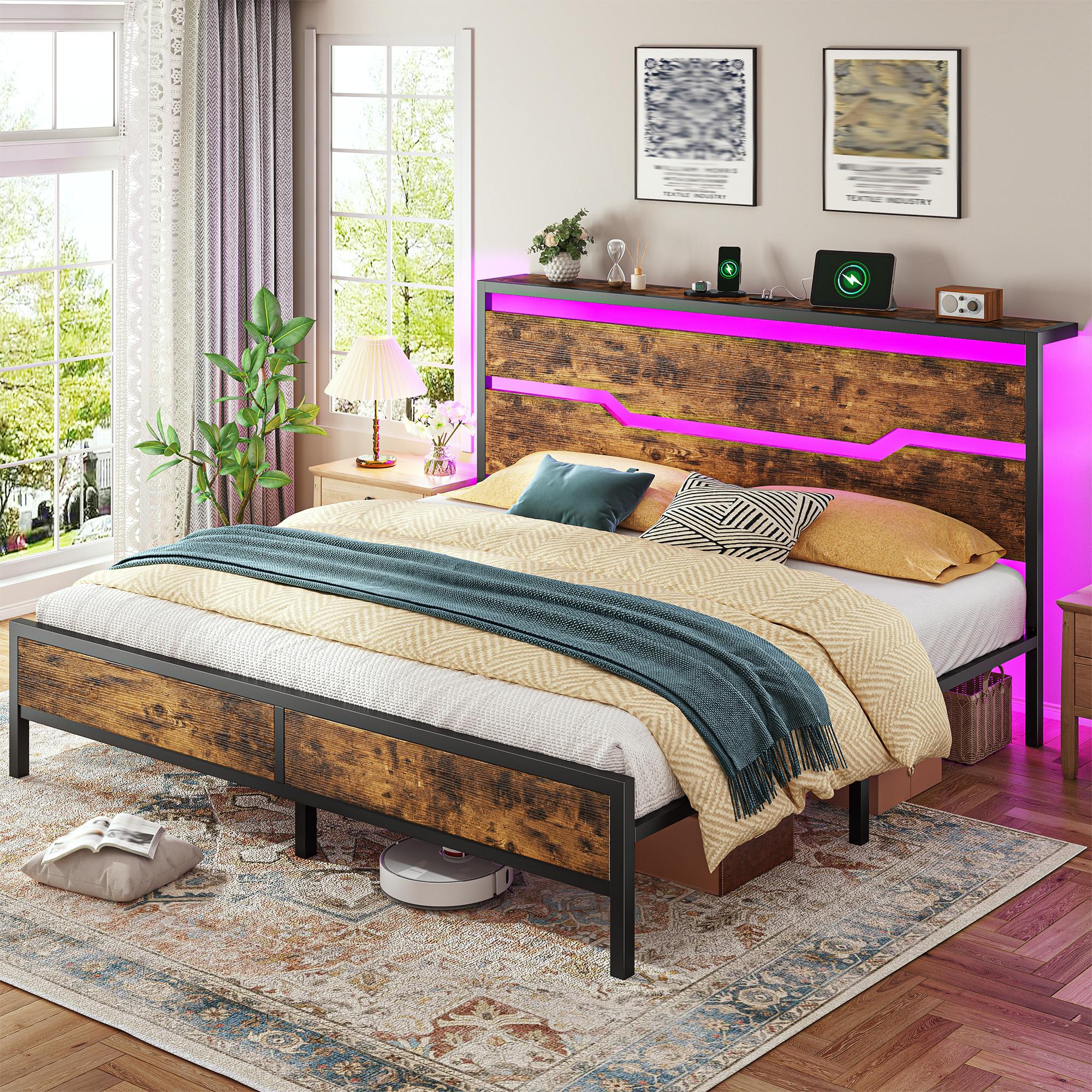 Wood Bed Frame for Queen King Full with Headboard & Storage Shelf, Queen Size Bed Frame with LED Lights & Charging Station,  No Mattress, Holds up to 900LBS with Metal Slats & Frame, No Noise