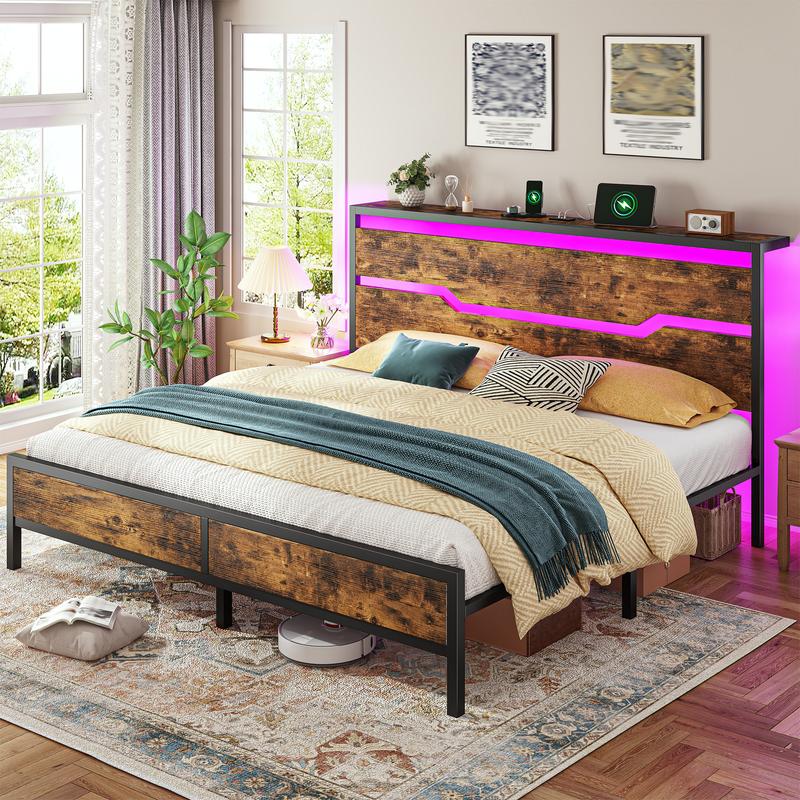 Wood Bed Frame for Queen King Full with Headboard & Storage Shelf, Queen Size Bed Frame with LED Lights & Charging Station,  No Mattress, Holds up to 900LBS with Metal Slats & Frame, No Noise