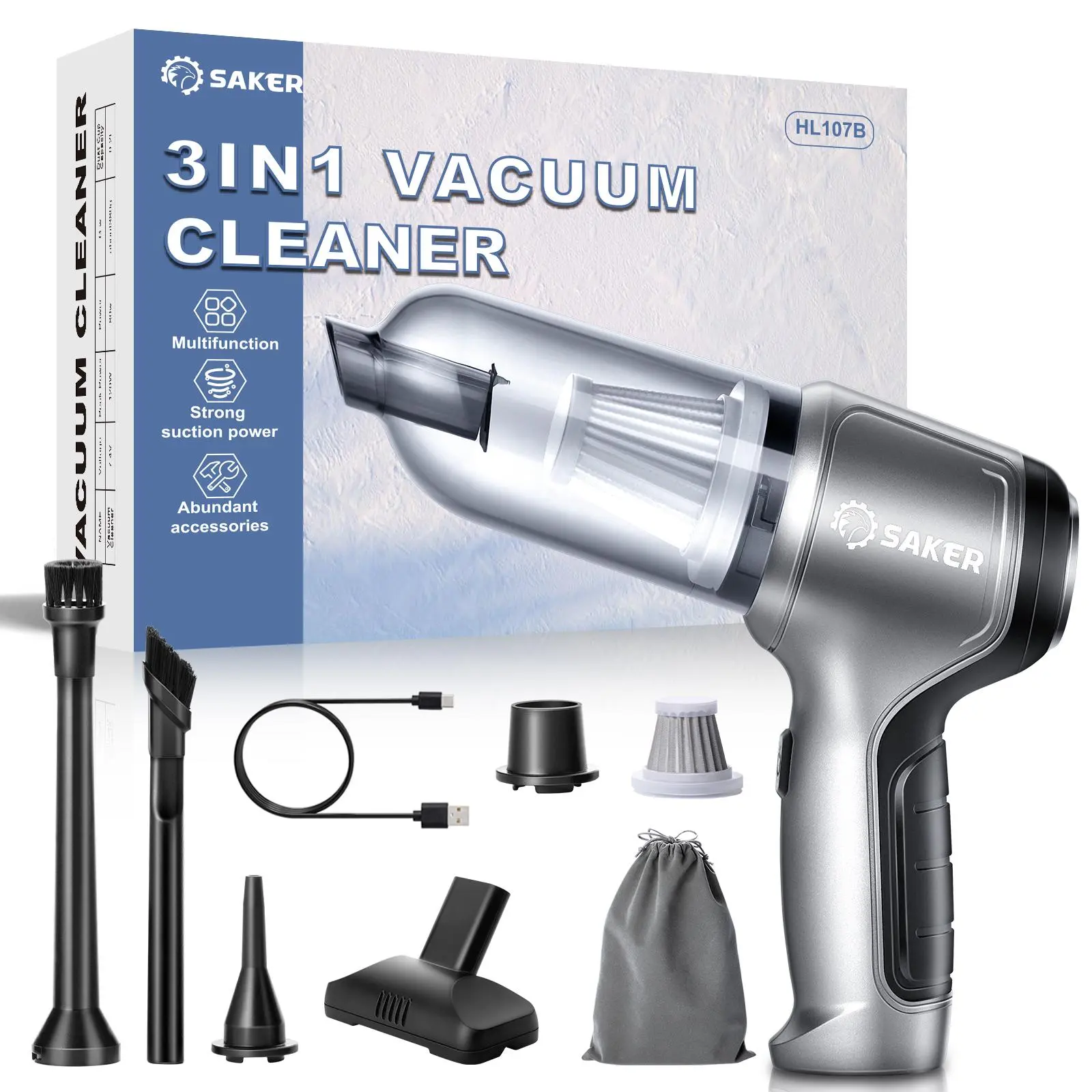 Saker Handheld Car Vacuum Portable Cordless 12000PA HL107B Silver | 12000Pa Brushless Suction, Vacuum And Blower Modes, Washable Filters, Type-C Charging, And Accessories For Car And Home