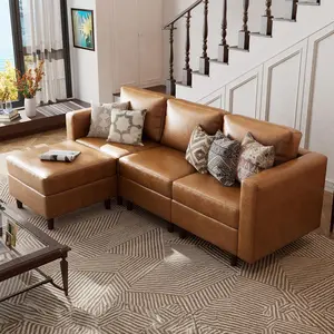 ABCASA Faux Leather Modular Sectional Sofa, 91.5" L Shaped U Shaped Couch Set for Living Room, Comfy Cloud Couches with Movable Storage Ottoman,DIY Combination, PU Leather