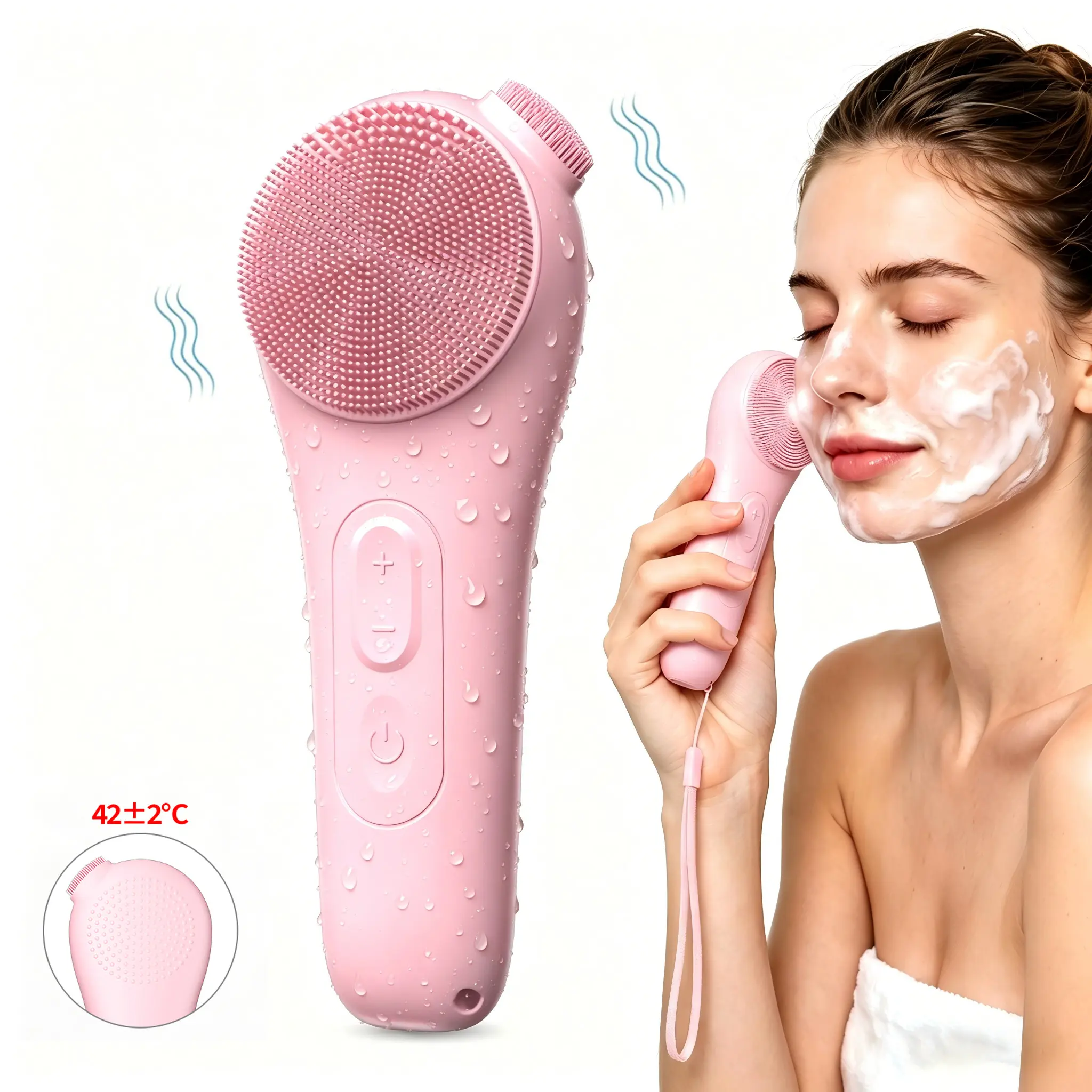 [DOCHEN] Facial Cleansing Brush, Vibrating and Heating Facial Cleansing Massager, Rechargeable Silicone Face Scrubber with Nose Brush & Lanyard, Deep Cleansing Waterproof Face Brush for Men and Women Summer Gifts