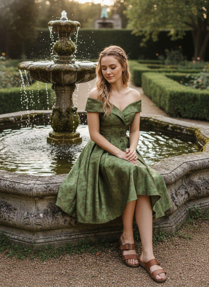 Green 1950s Off-Shoulder Vintage Dress Formal Womenswear Sleeveless Floral Valentine's Day Summer Holiday Dress wedding guset with Back Concealed Zipper Knee Length