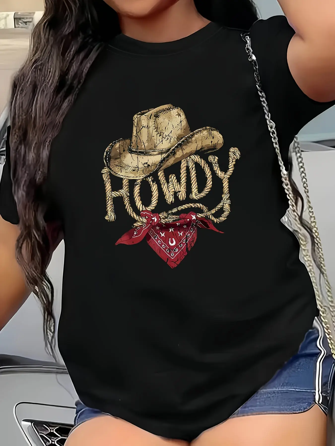Plus Size - Plus Size - Western Cowboy Style 'Howdy' Graphic Print Plus Size Women'S Fashionable Casual Round Neck Spring And Summer T-Shirt Featuring Cowboy Hats And Rope Knots