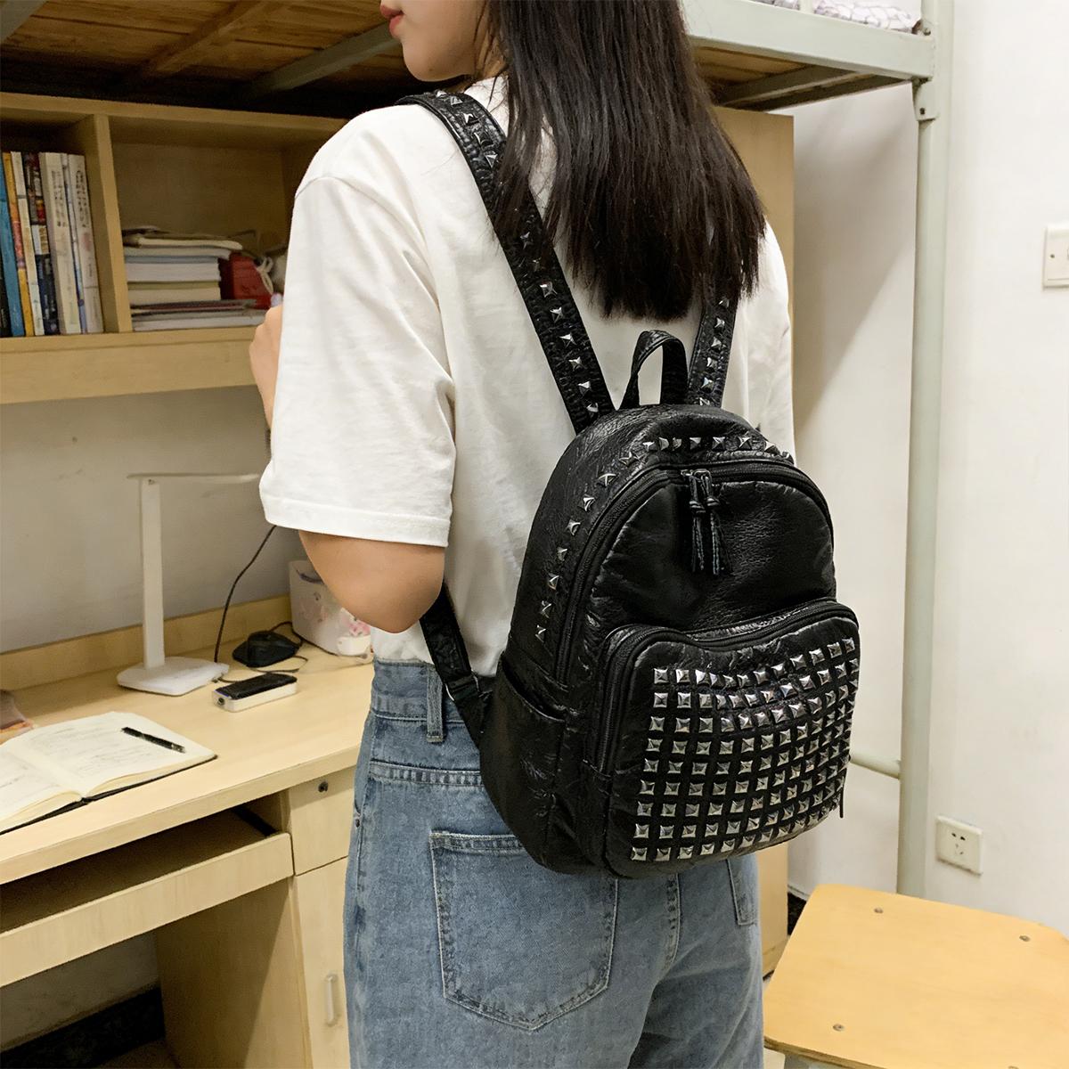 Multifunctional Handheld Backpack Solid Color Rivet Punk Backpack for Vacation Travel Soft Leather Cool Silver Studs Black Studded Design Water Resistant Laptop