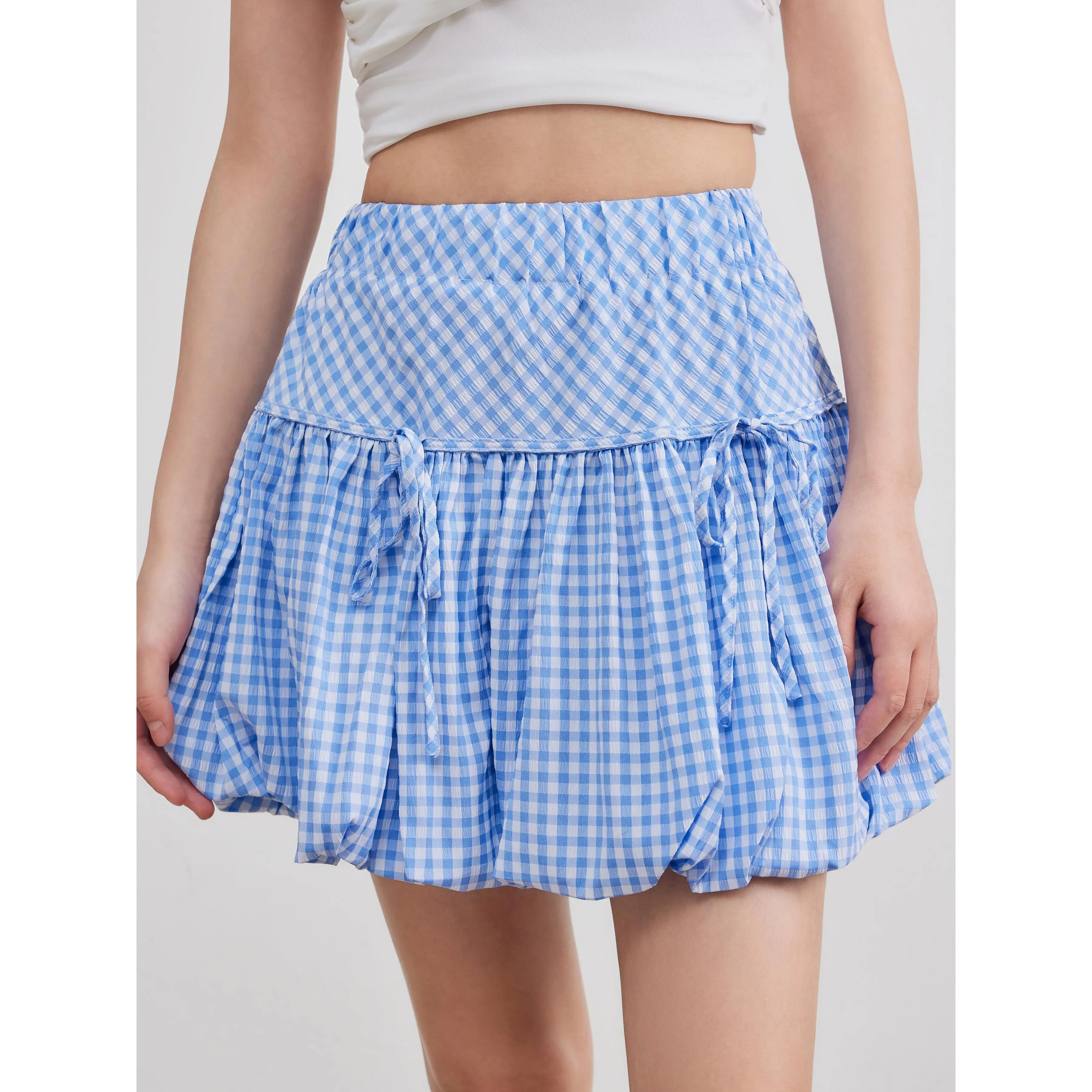 Cider Women's Fitted Gingham Plaid Above-the-Knee Mini Skirt - Woven Fabric, Mid Waist, Bubble Hem, Multi-Size Available