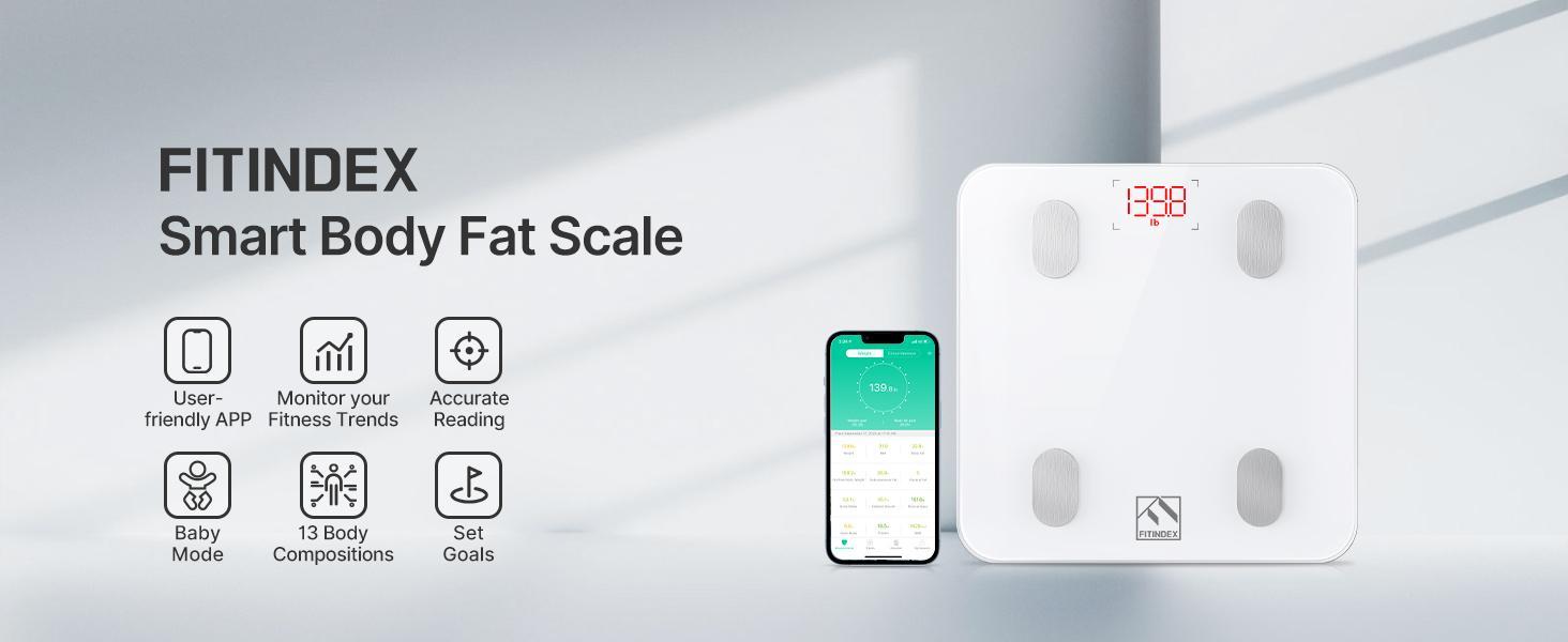 FITINDEX Smart Fitness Body Scale, With Bluetooth App Sync - Tracking Weight, BMI & Body Fat Metrics, Healthcare Data Progress Reports, Body Composition Analysis