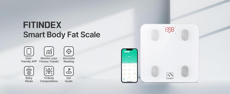 FITINDEX Smart Fitness Body Scale, With Bluetooth App Sync - Tracking Weight, BMI & Body Fat Metrics, Healthcare Data Progress Reports, Body Composition Analysis