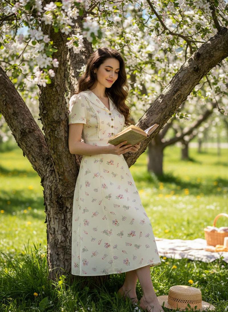 PURE COTTON BEIGE 1940S PUFF SLEEVES FLORAL DRESS Casual Womenswear Cute Summer Fitted Vneck Shortsleeve