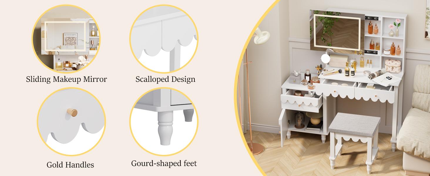 Makeup Vanity Desk With 3 Color Touch Screen Lighted Sliding Mirror, Scalloped Large Vanity Table Set with Storage & Drawers Fluted Petal Pattern Dressing Table with Cushioned Stool for Bedroom