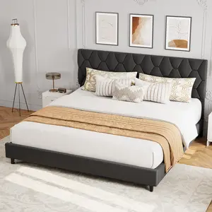 King Bed Frame with Upholstered Headboard,Upholstered Bed Frame,Heavy-Duty Platform Bed Frame with Adjustable Headboard,Strong Wood Slat Support