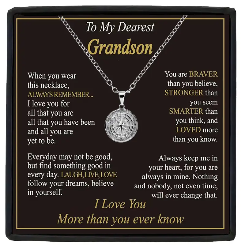 Stainless Steel Compass Pendant Necklace Grandson Gift (with Card And Gift Box)