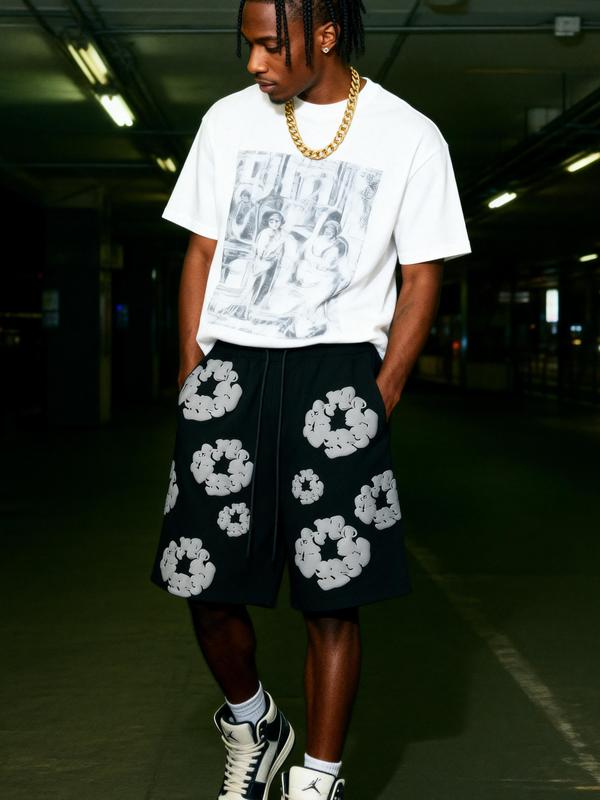 2026 Denim Tears Women's T-Shirt, Retro-style Men's Casual Loose Short-Sleeve Summer T-Shirt with Unique Print Design, High-Street Casual Women's Sport Shorts, Multi-Color Party Attire, Breathable, Loose-Fitting Unisex Set.