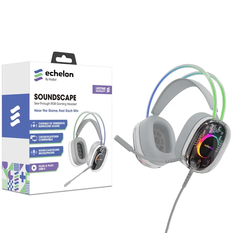 SoundScape See-Through RGB Gaming Headset - USB-C Noise-Cancelling Mic, Grey, Capsule Surround Sound, RGB Lighting, See-Through Design, Gaming Use