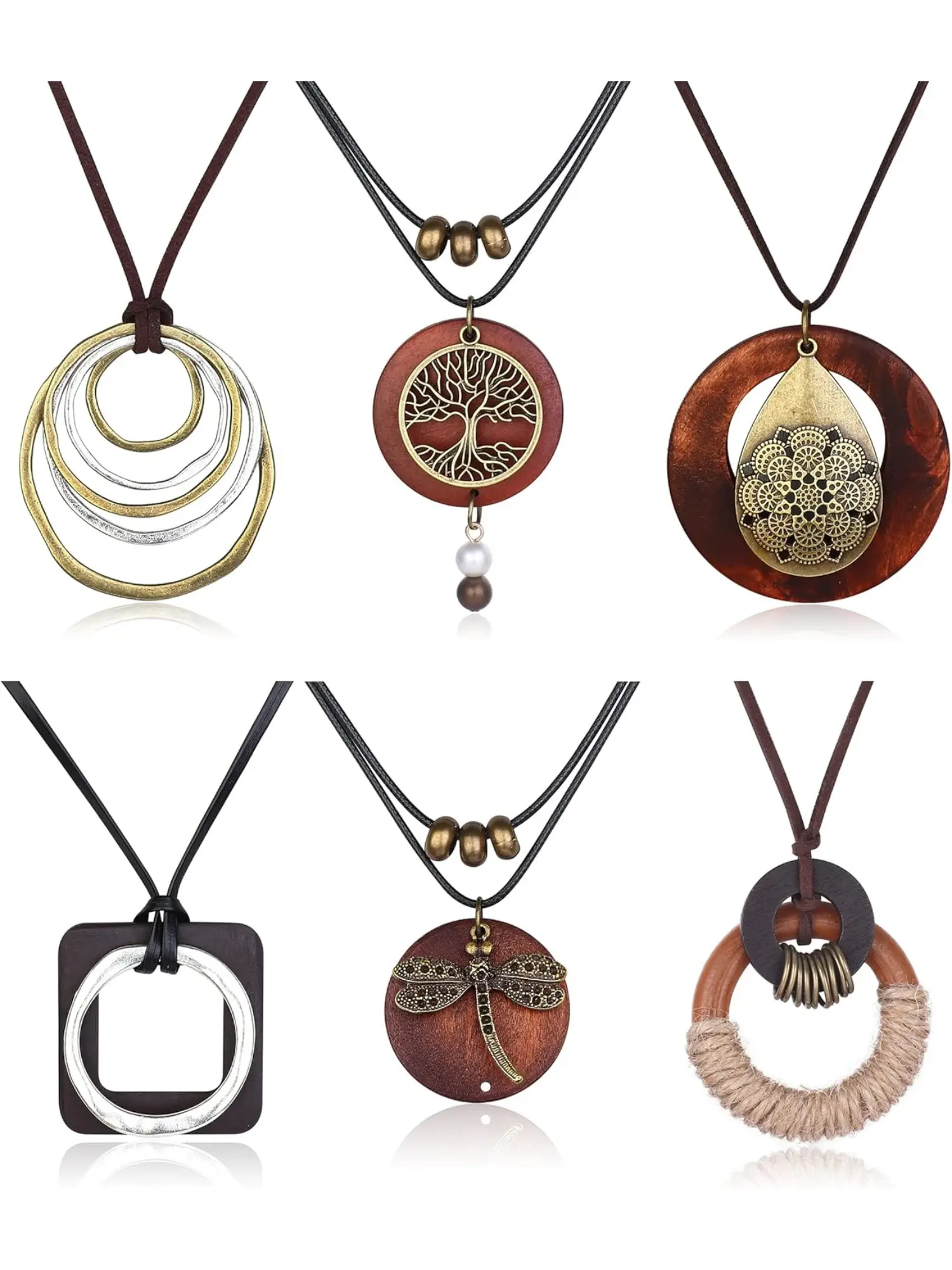 6Pcs Boho Wooden Pendant Necklaces Set for Women Men Long Layering Y-Necklaces with Peace Sign for Fall Sweaters, Vintage Hippie Jewelry Gift