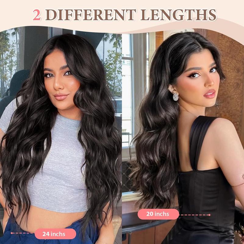 4Pcs Clip in Hair Extensions, Long Wavy Synthetic Hair Extension Clip in, 20 Inches Brown Black Hair Extensions for Women instant volume