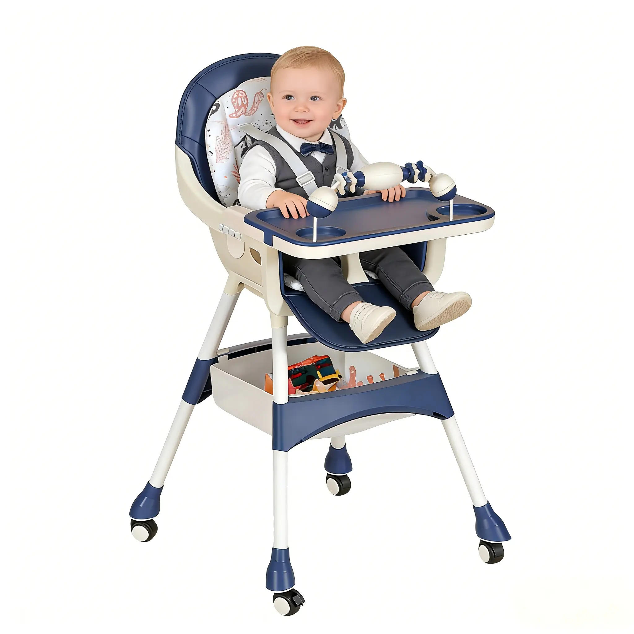 Baby High Chair with Dual Tray, Adjustable Height, Lockable Wheels & Storage Basket | Portable Toddler Dining Chair double removable,back to school