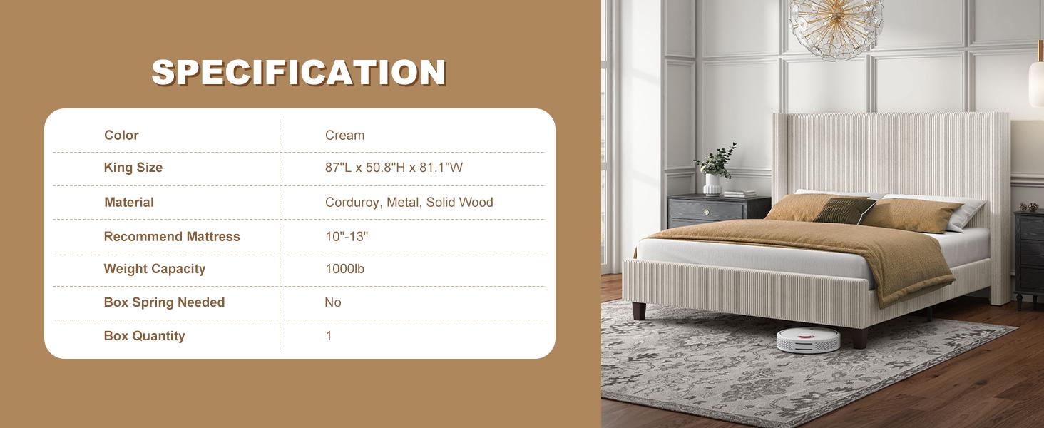 VanAcc Upholstered Platform Bed Frame, Wingback Bed with 50.8" Headboard, Modern Corduroy Design, Solid Wood Leg/No Box Spring Needed, Unique Bedroom Furniture
