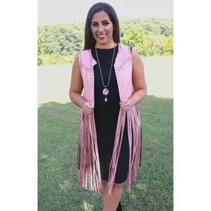 Let's Rodeo Long Suede Fringe Vest - Mauve Pink
