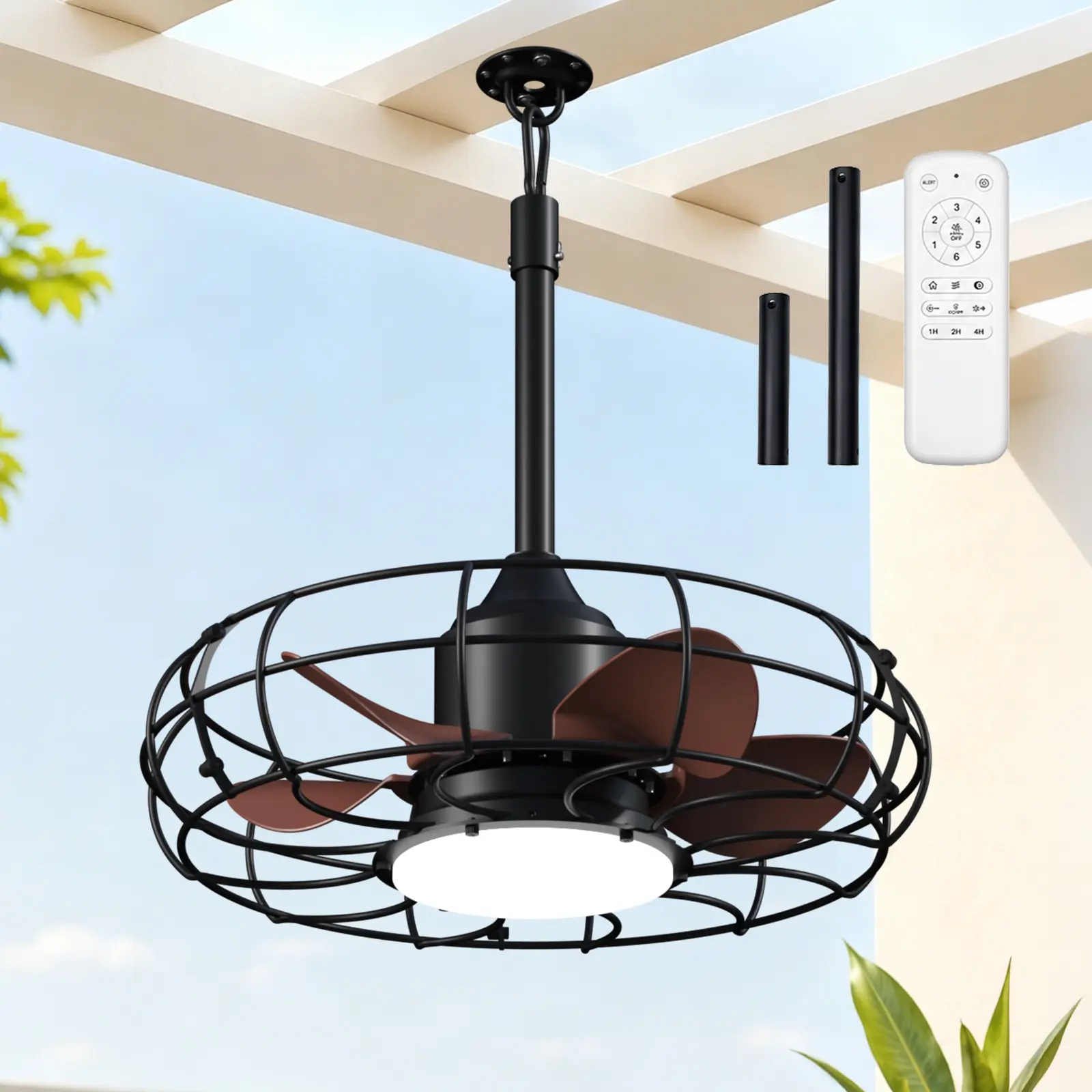 20 Inch Outdoor Ceiling Fan With Light For Patio, IP54 Waterproof Plug In Caged Hanging Fan, Remote Control, 3 CCT, 6 Speeds Reversible Outdoor Fan For Gazebo, Pergola, Porch