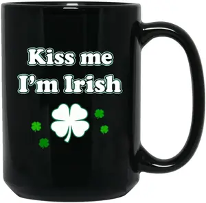 Kiss Me I'm Irish Coffee Mug, Black, Shamrock Clover Design, St. Patrick's Day Theme