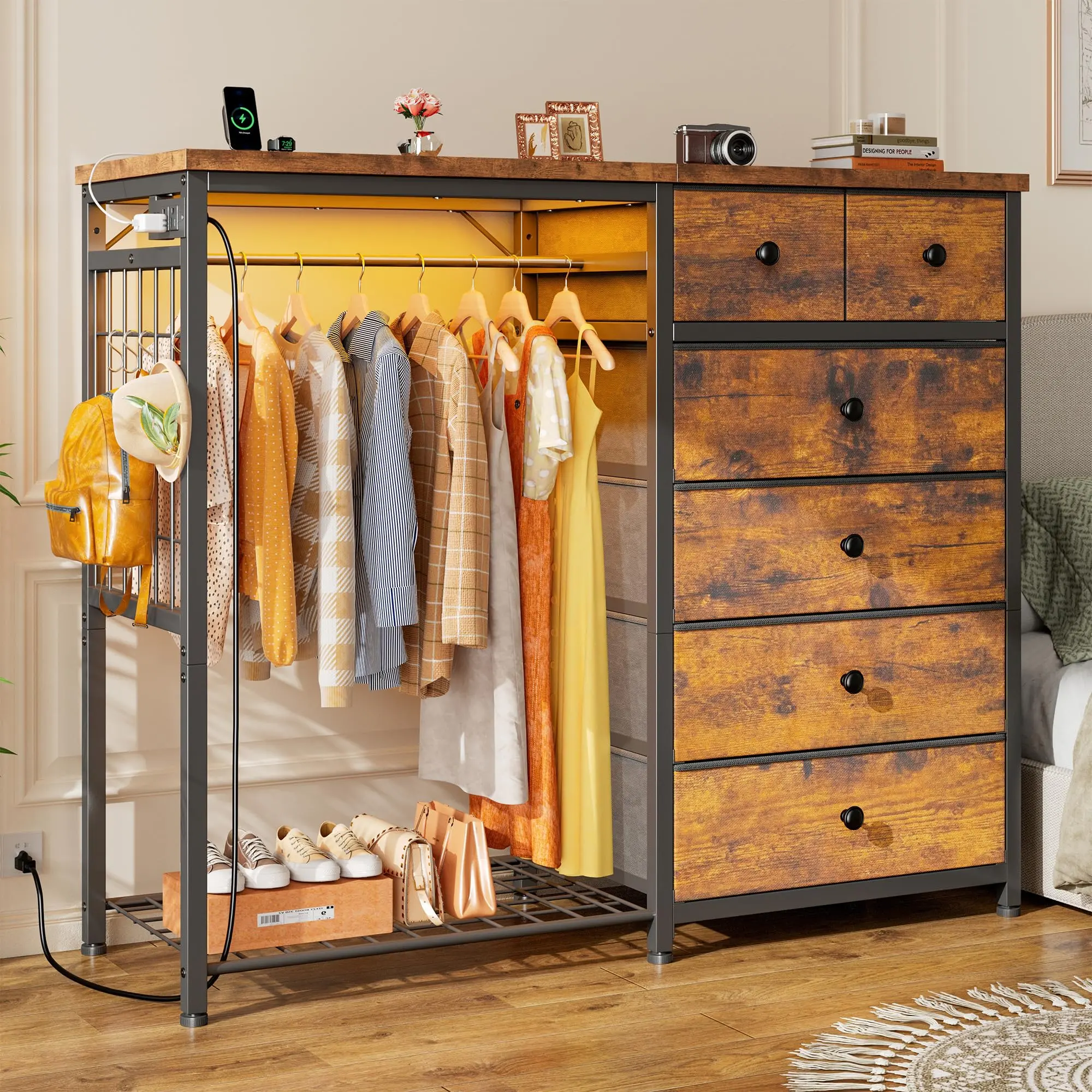 【left/right reversible installation】Raybee Furniture 49.2" W 6 Drawer Dresser for Bedroom with Hanging Rack, Home Organizer Dresser with LED Lights & Charging Station, Fabric Dressers & Chest of Drawers with Clothes Rack, Wooden Top, Grid Panel, Closet