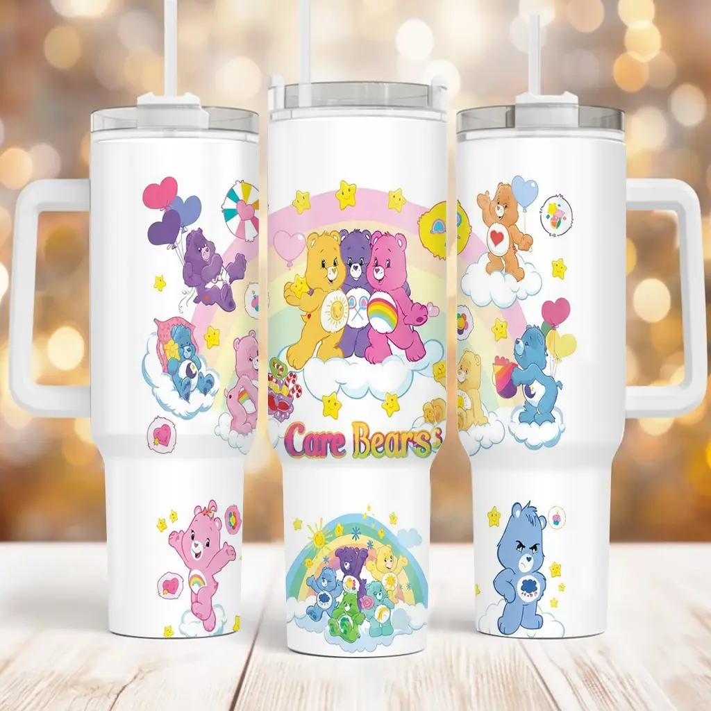 Cartoon Lover Gift Tumbler, Bears Rainbow Cloud Skinny Travel Cup, Retro Nostalgia Present
