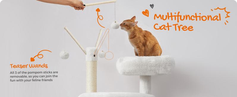 Feandrea Cat Tree with Litter Box Enclosure, 2-in-1 Modern Cat Tower, 55.1-Inch Cat Condo with Scratching Posts, Removable Pompom Sticks