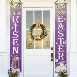 Happy Easter Christian He is Risen Purple Porch Banner Sign, Religious Cross Lamb Front Door Decorative Hanging Welcome Banner Flag, Spring Lily Flower Decoration Home Outdoor Decor