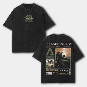 Titanfall 2-Inspired Acid Wash Graphic Tee: Double-Sided Print Hoodie-Style Casual Top for Game Lovers, Premium Fabric Menswear Streetwear Straight Fit