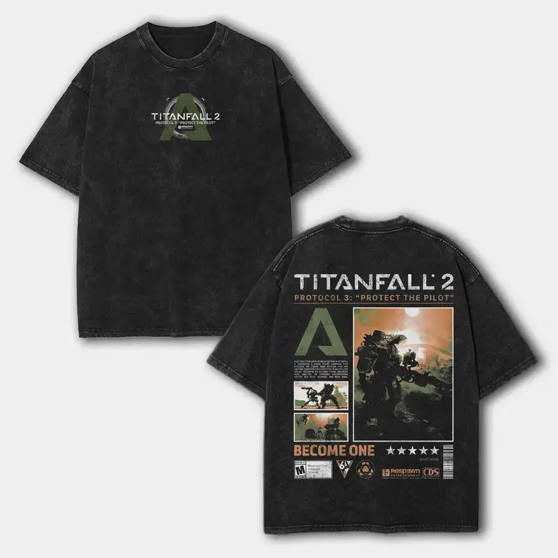 Titanfall 2-Inspired Acid Wash Graphic Tee: Double-Sided Print Hoodie-Style Casual Top for Game Lovers, Premium Fabric Menswear Streetwear Straight Fit