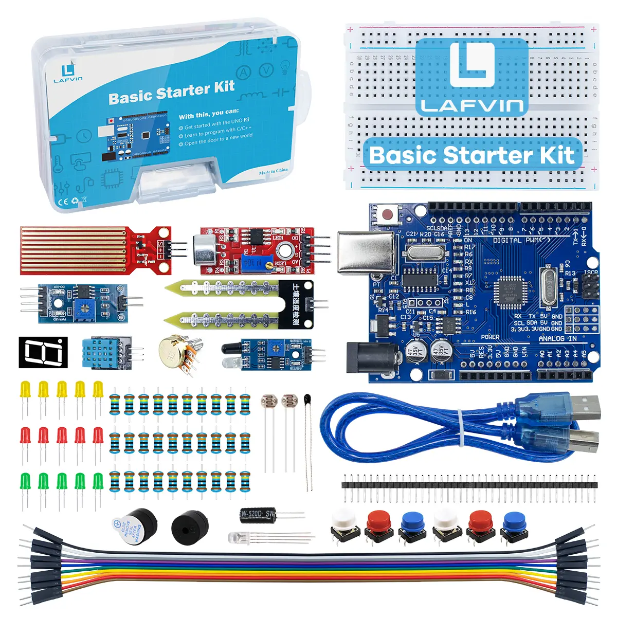 LAFVIN Basic Microcontroller Starter Kit for Beginners - UNO R3 CH340, Breadboard, 7-Segment LCD, Resistors, Photoresistors, Switches, LED Modules, Sensors, Buzzer, Potentiometer, USB Cable, Retail Box, Compatible with Arduino IDE