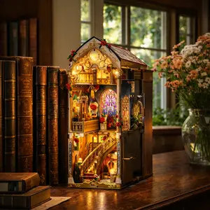 DIY Book Nook Kit with LED Lights, 3D Wooden Miniature Enchanted Rose Library Bookshelf Insert Decor, Handmade Bookend Model, Gift for Adults & Book Lovers