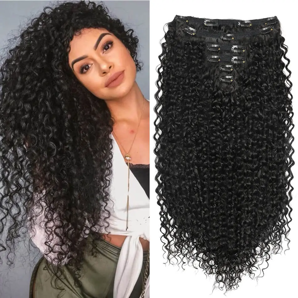 Synthetic Curly Clip in Hair-Extensions 26inch 6PCS/Set Clips in Hair Black Brown Jerry Curly Hair Extensions for Women High Quality Protein Hair Japanese Organic Fiber Hair Extensions Curly Clip in Hair Extensions