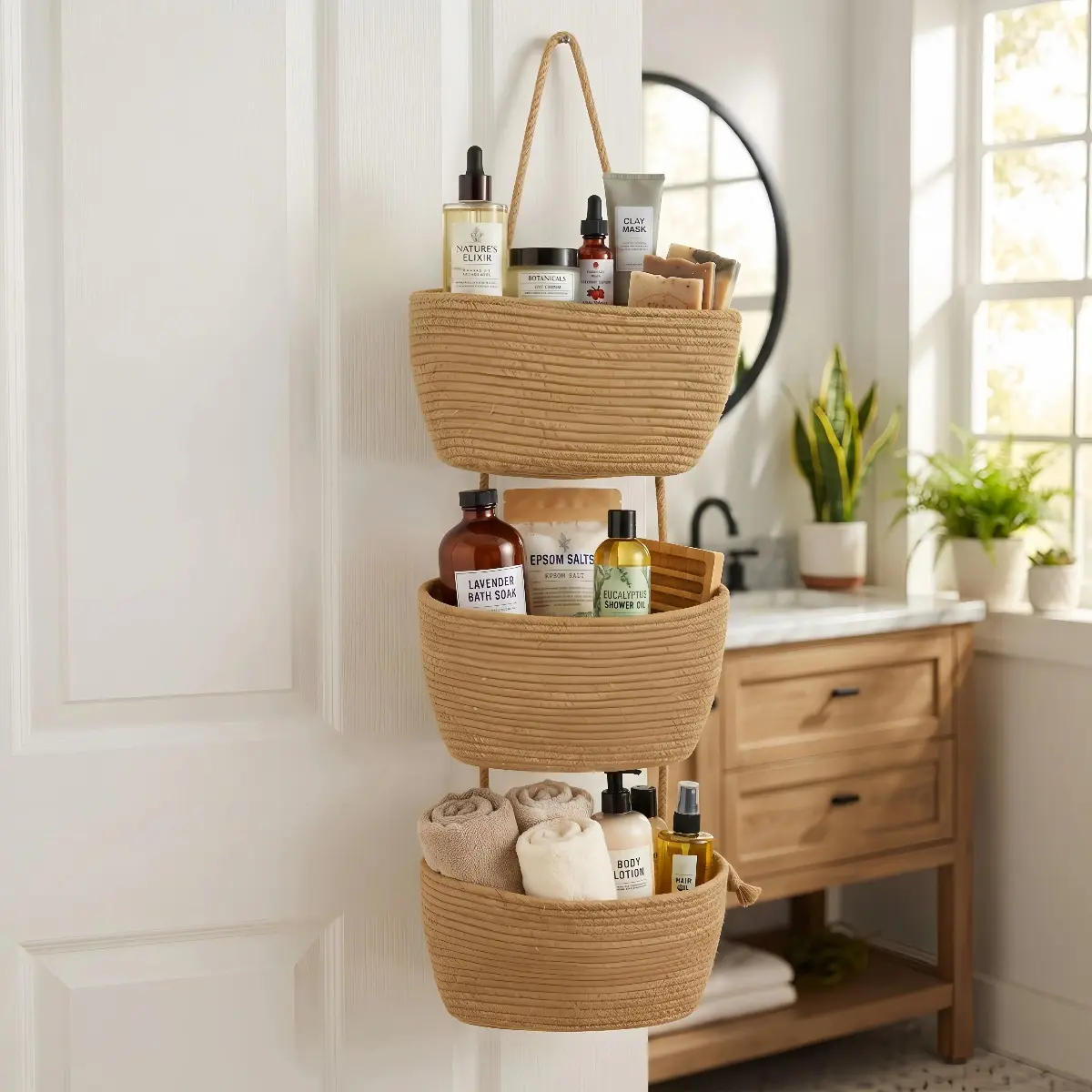 11in 3-Tier Boho Jute & White Handwoven Over-The-Door Hanging Basket with Hooks - Bohemian Decorative Storage Basket, Home Wall-Mounted Organizer, Home Accessory for Indoor Pantry Use, Bohemian Basket, Handwoven Storage Basket