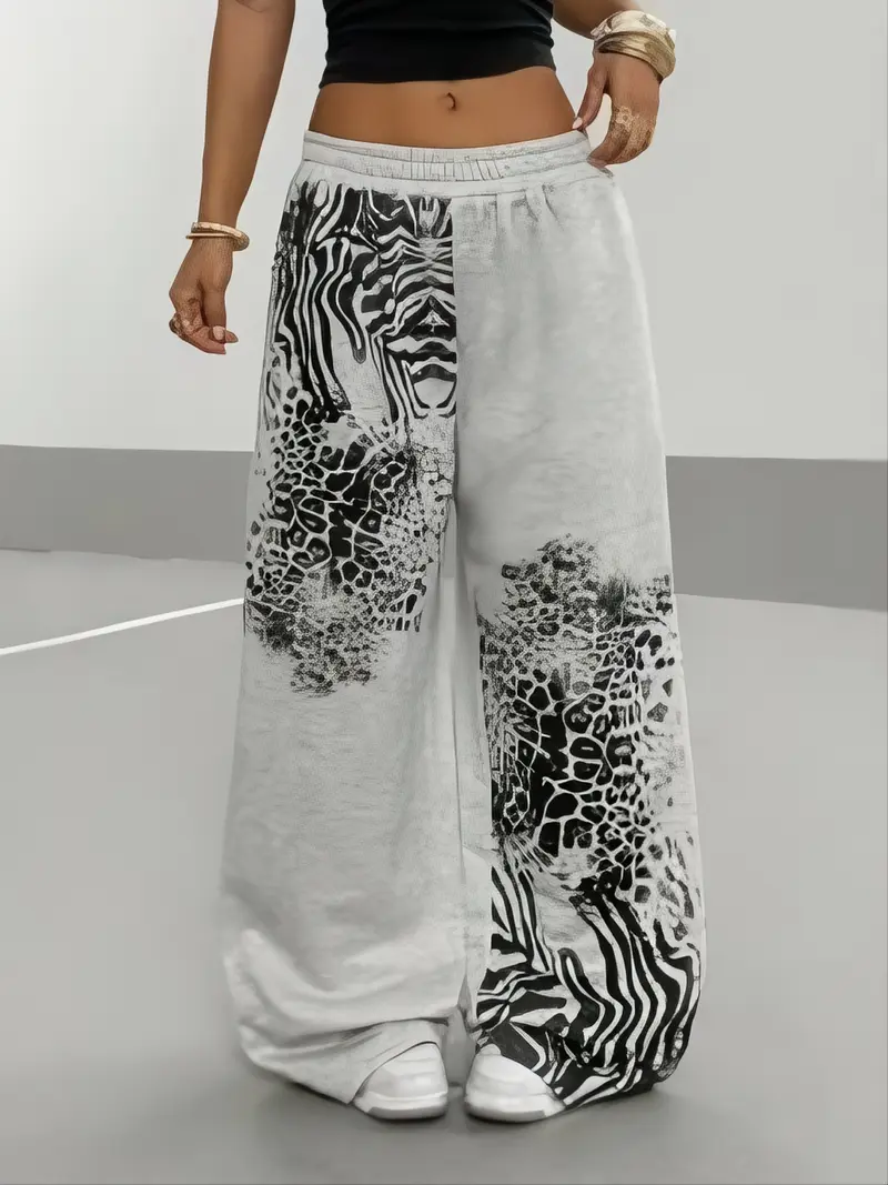 Women's Y2K Aesthetic Zebra Leopard Print Sweatpants Loose Wide-Leg Asymmetrical Patchwork for Graduation & Back-to-School Outfits Animal Print