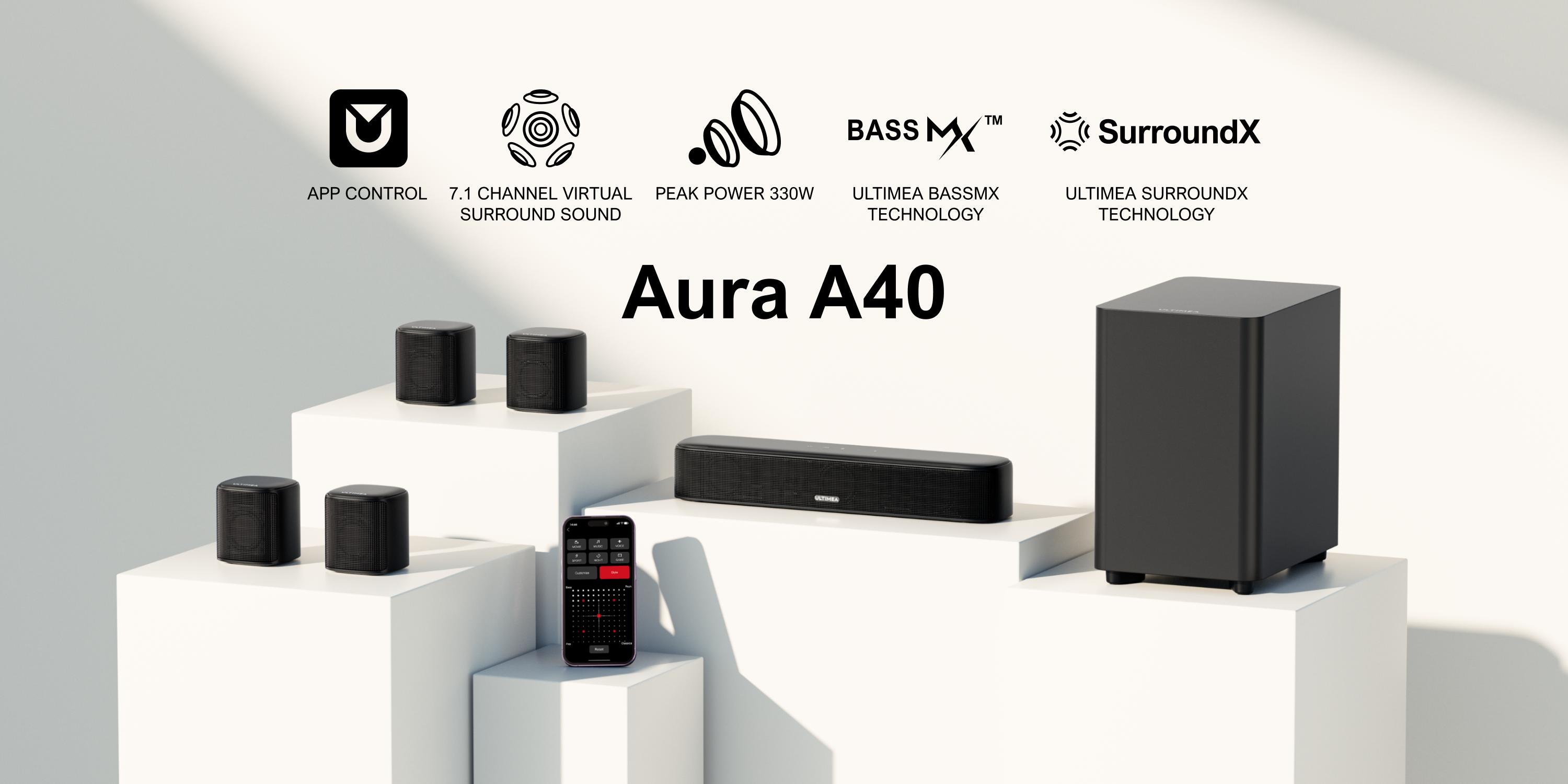 ULTIMEA Aura A40 7.1ch Virtual Surround Soundbar with Subwoofer– 4 Rear Speakers for Entry-Level, Home Theater System, 121 EQ Presets, Smart App Control, Bluetooth, Audio