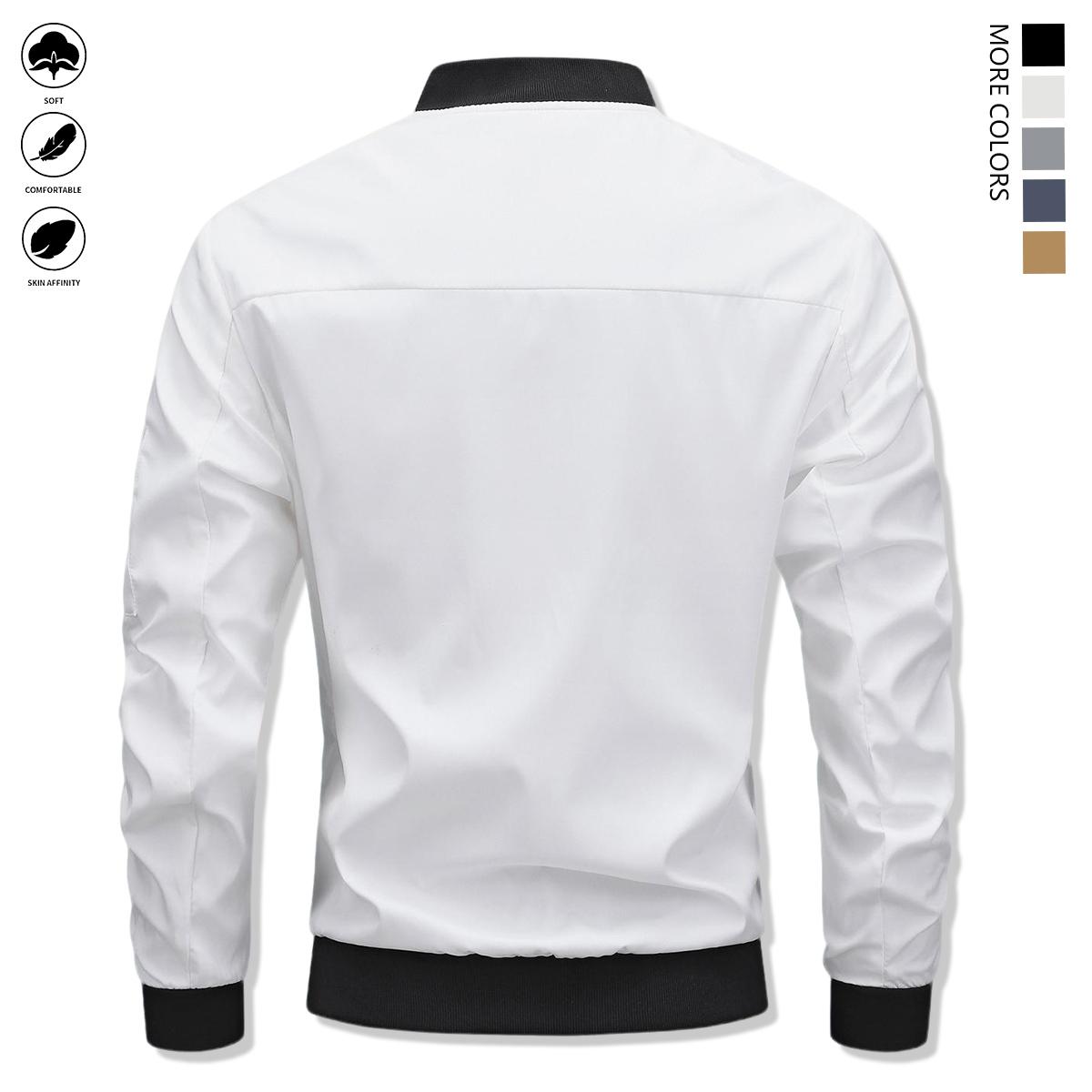 Men's casual spring-autumn lightweight windbreaker with zipper and multiple pockets, classic pilot jacket, using warm fabric, soft and comfortable, solid color collar, suitable for dates, running parties, gatherings, work and daily wear.