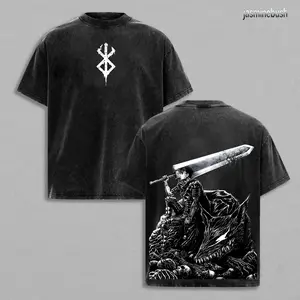 Retro Heavy Limited Guts X Berserk Beast Of Darkness Anime Clothing Double Printed Vintage Unisex Oversize Anime Manga Merch Washed Heavyweight Cotton T-shirt, Gift For Anime Fan