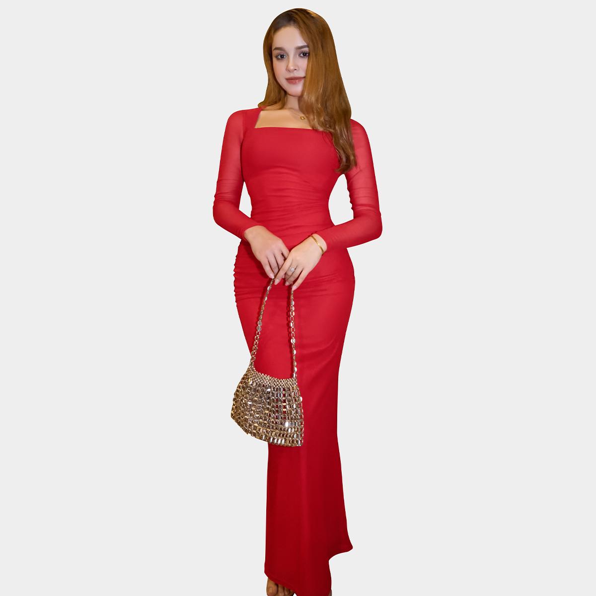 OQQfitness Womenswear Mesh Sleeve Maxi Summer Dresses Square Neck Ruched Sheer Mesh Bodycon Outfit Spring Statements