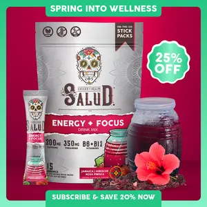Salud 2-in-1 Energy & Focus Drink Mix with Jamaica, Organic Caffeine, B6 & B12, L-Theanine, 200mg & 350mg Caffeine, 15 Servings, Non-GMO, Gluten Free - Healthcare, Dietary