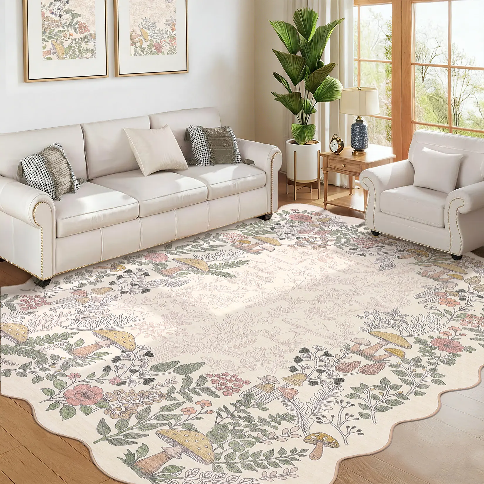 Fan-shaped Floral Border Rug Mushroom Pattern Printed Rug Washable Area Rug Ultra-thin Foldable Interior Decorative Rug Low-pile Non-shedding for Bedrooms Dining Rooms Offices Game Rooms Restaurants and Apartments