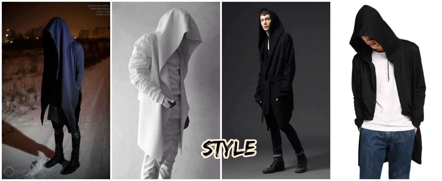 COOFANDY Fall Outfits Men's Black Long Hooded Cardigan Ruffle Shawl Collar Open Front Lightweight Drape Cape with Side Pockets Casual Elastic Workwear 3/4 Length