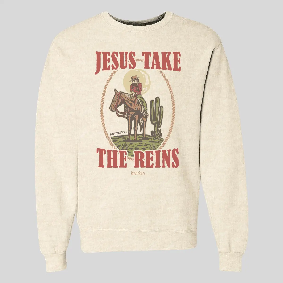 Kerusso Womens Christian Sweatshirt Jesus Take The Reins in Oatmeal Heather Fit Soft