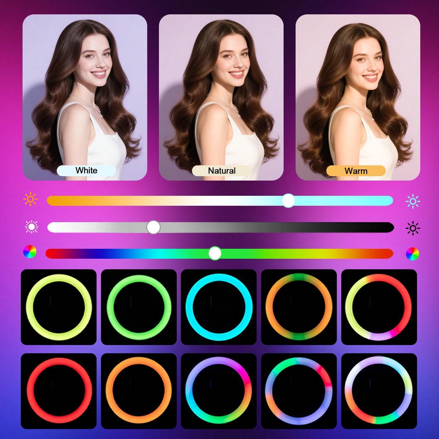 18 Inch RGB LED Ring Light with 70" Aluminum Alloy Tripod, with 1 selfie remote/3 Phone Clips/1 USB Ports, 3200-6500K Dimmable Fill Light Compatible with iPhone for Volg, Selfie Makeup, Lash Studio, Streaming Video, Recording Lighting#Spring Break