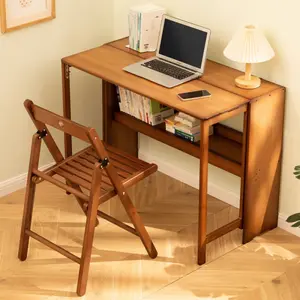 Bamboo Folding Desk Space-Saving Computer Desk for Small Spaces Foldable Study Table for Bedroom Home Office Dorm Apartment Brown Sturdy Durable Multi-Purpose